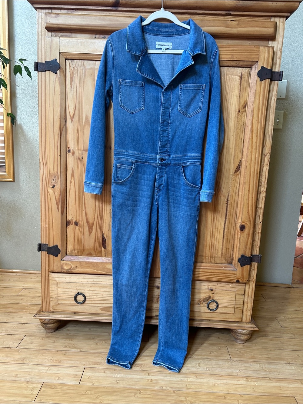 Étienne Marcel Denim Jumpsuit Faded Wash Notch Lapel Button Front